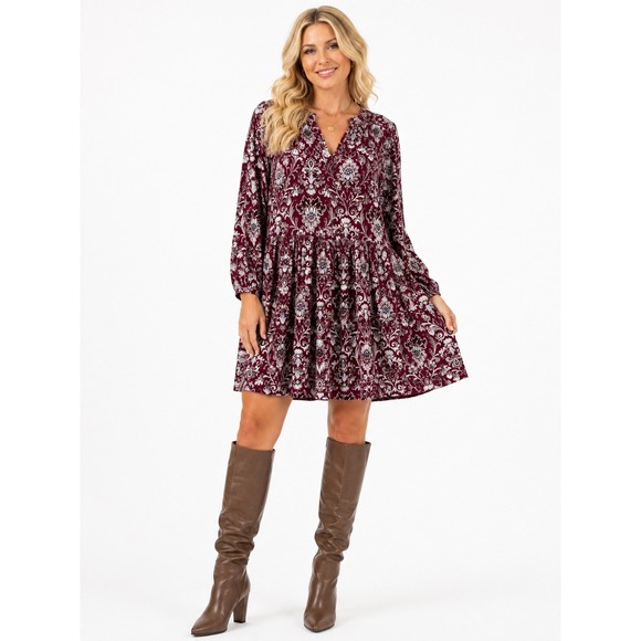 LOFT Dresses & Skirts - LOFT Floral V-Neck Long Sleeve Dress XL Burgundy Lavender NWT